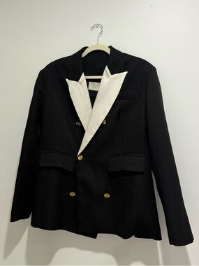 Black Double-Breasted Tweed Blazer with White Lapel